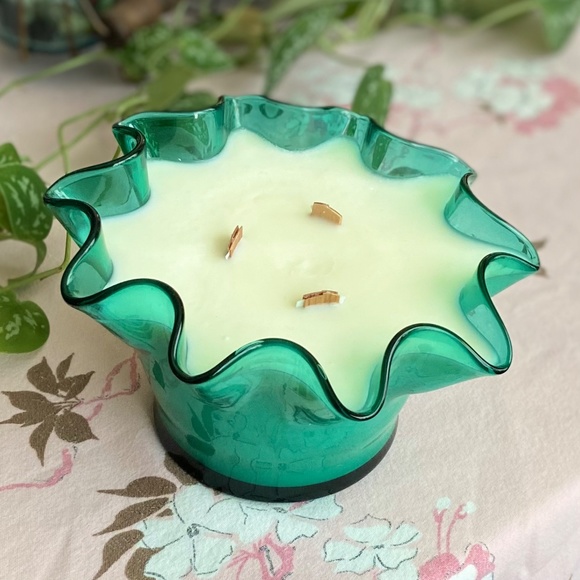 Teal Blue Hand Blown Art Glass Hand Poured Scented Soy Candle - Picture 3 of 7